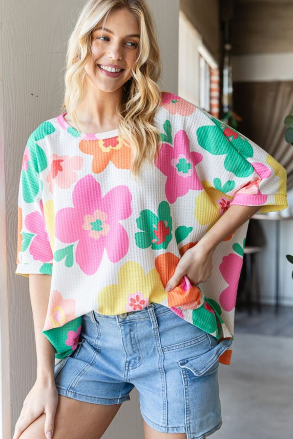 Hopely waffle knit white top with pastel flowers