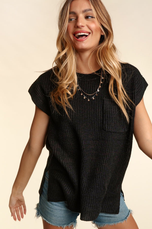 black round neck cap sleeve top