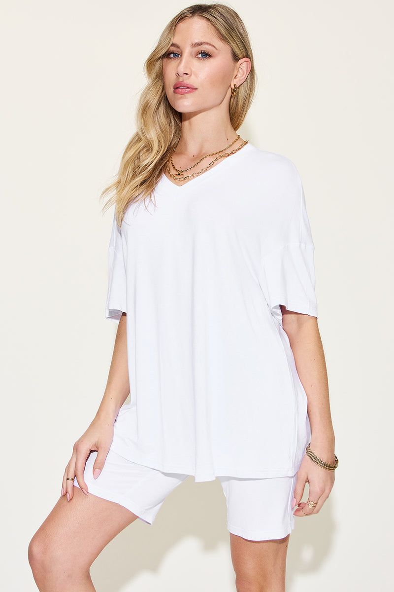 white v neck drop shoulder tshirt and short set